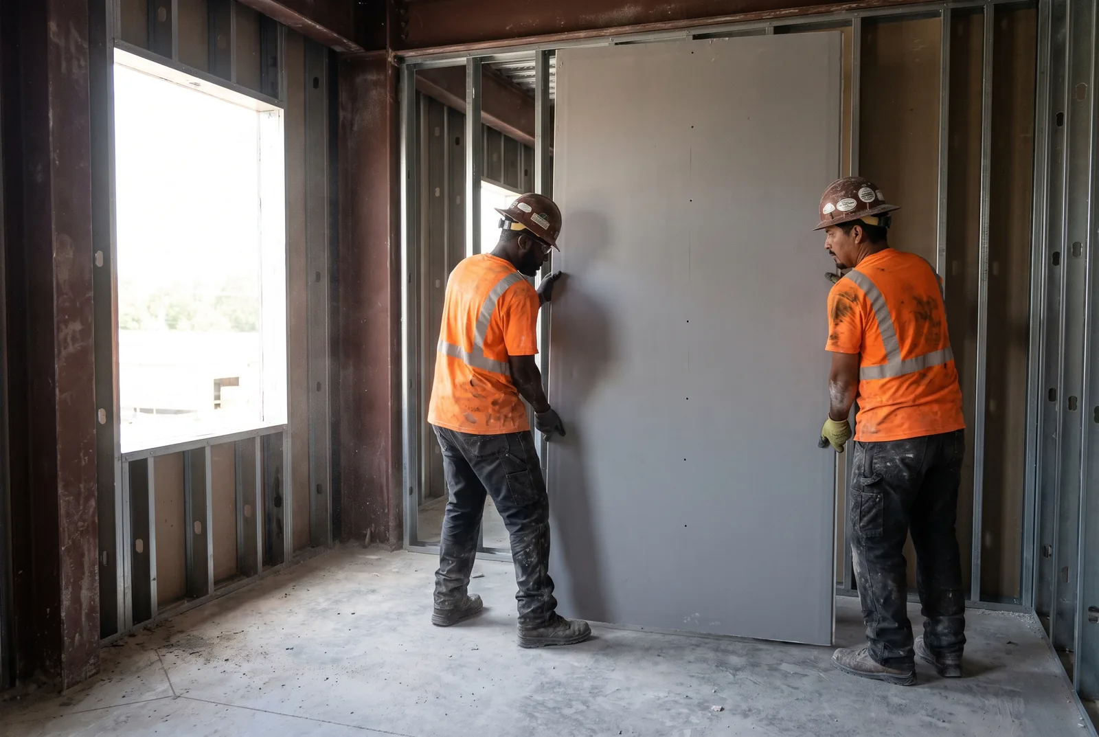 Two workers lifting a sheet of gypsum board into steel stud framing