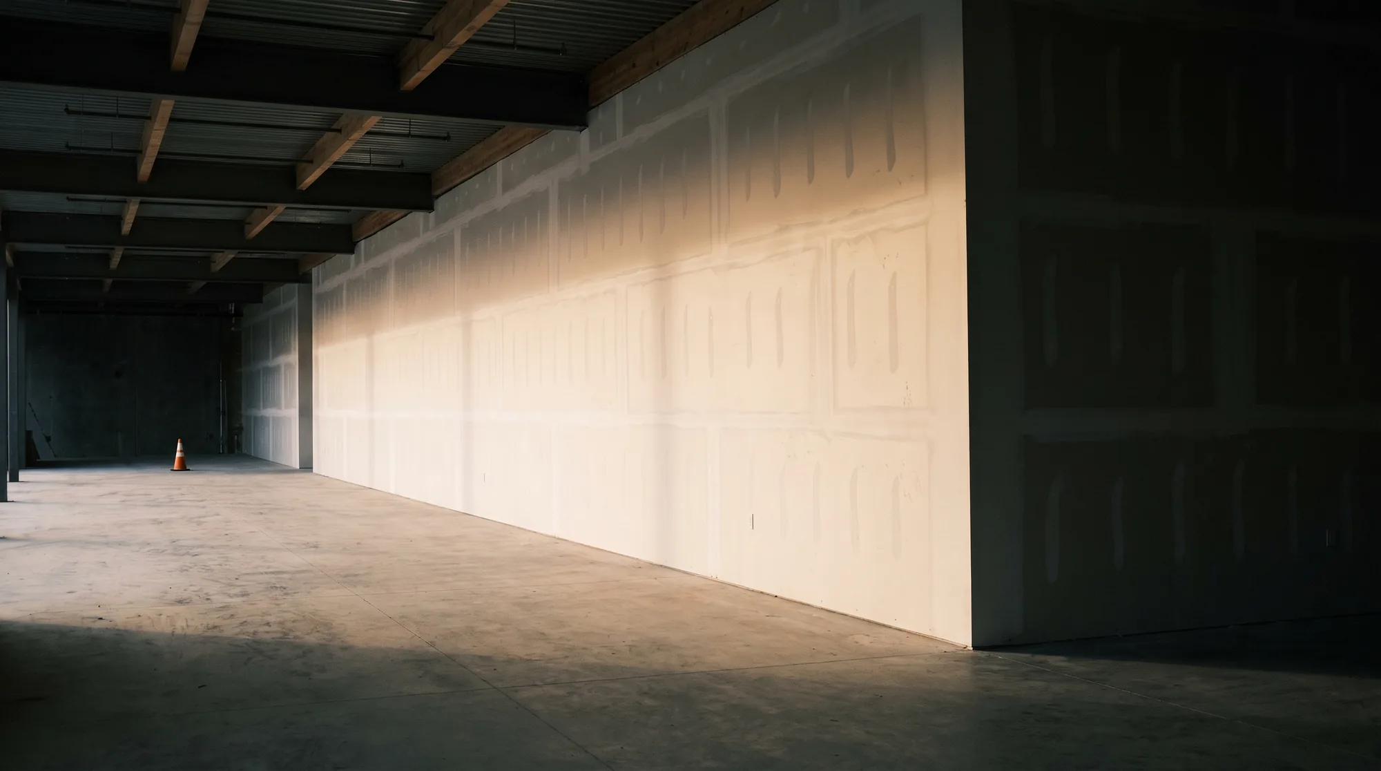 Raking light across a long wall of finished gypsum drywall in a building under construction