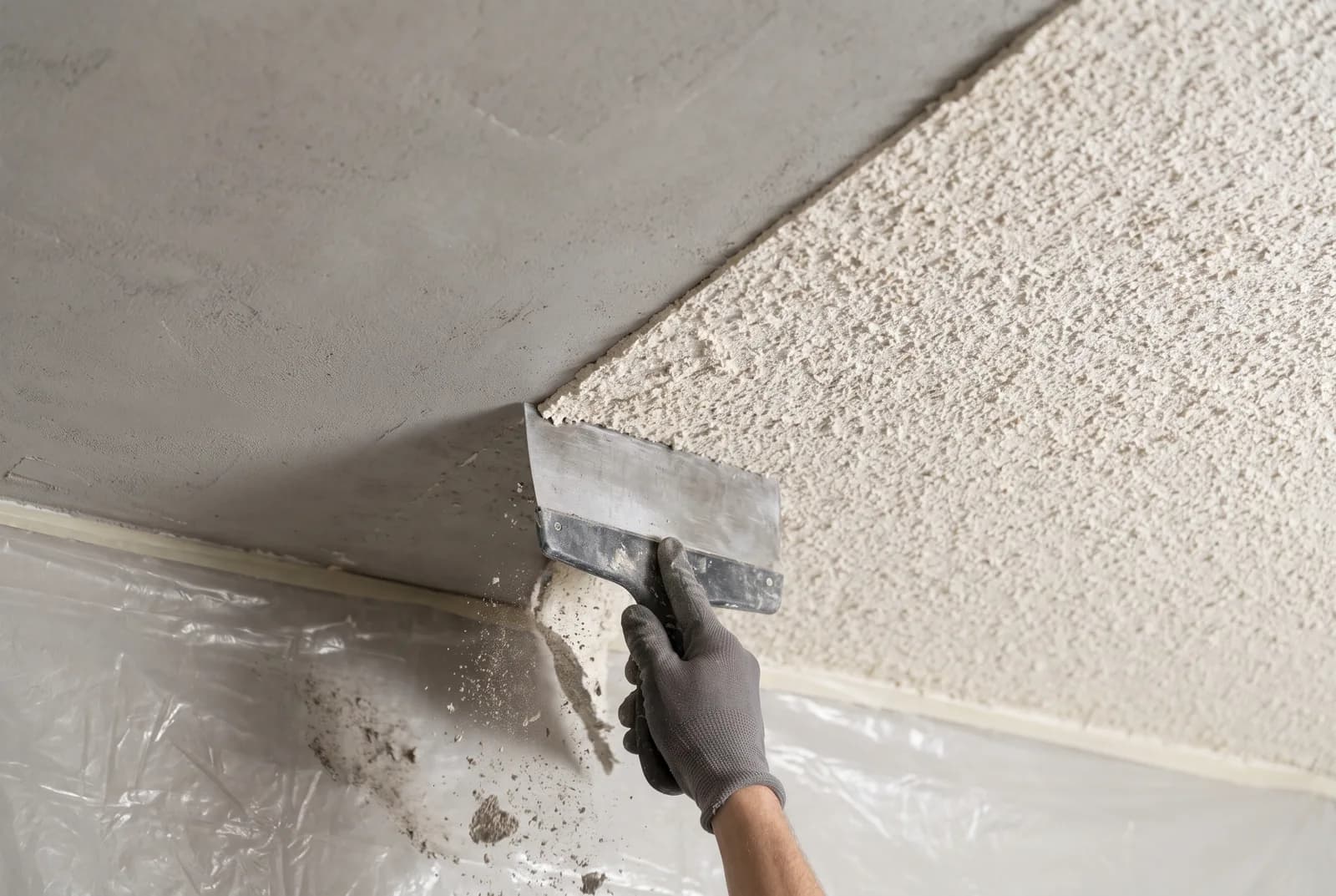 A popcorn ceiling being scraped smooth, half stripped and half still textured