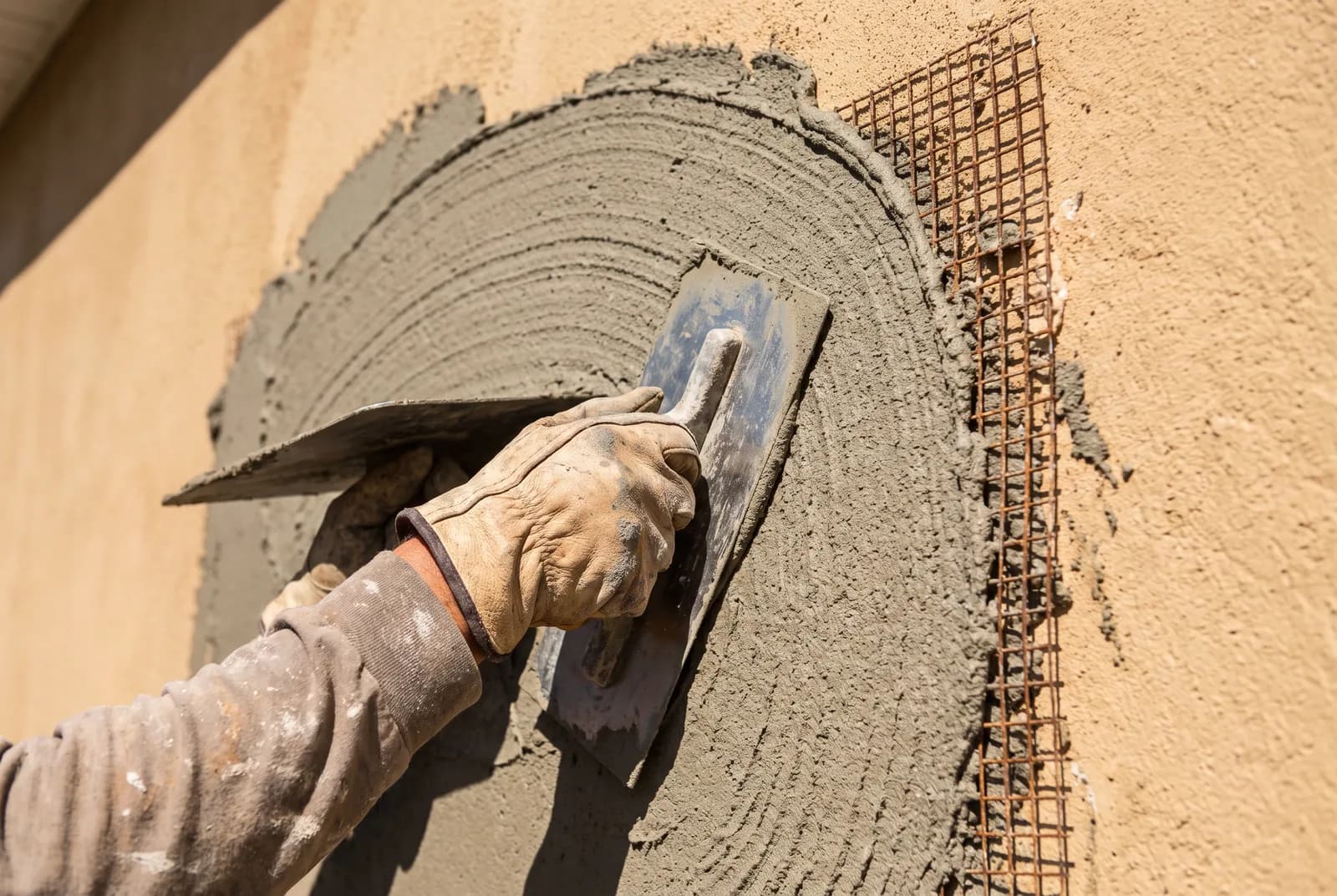 A trowel spreading a cement stucco coat over wire lath on an exterior wall