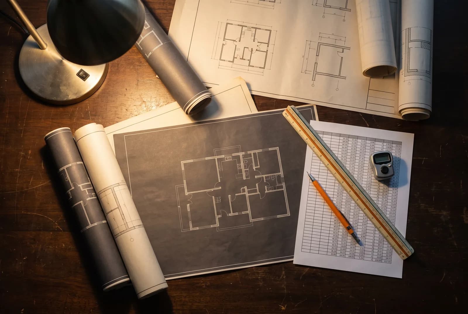 Construction drawings, a scale ruler and a quantity takeoff sheet on a desk