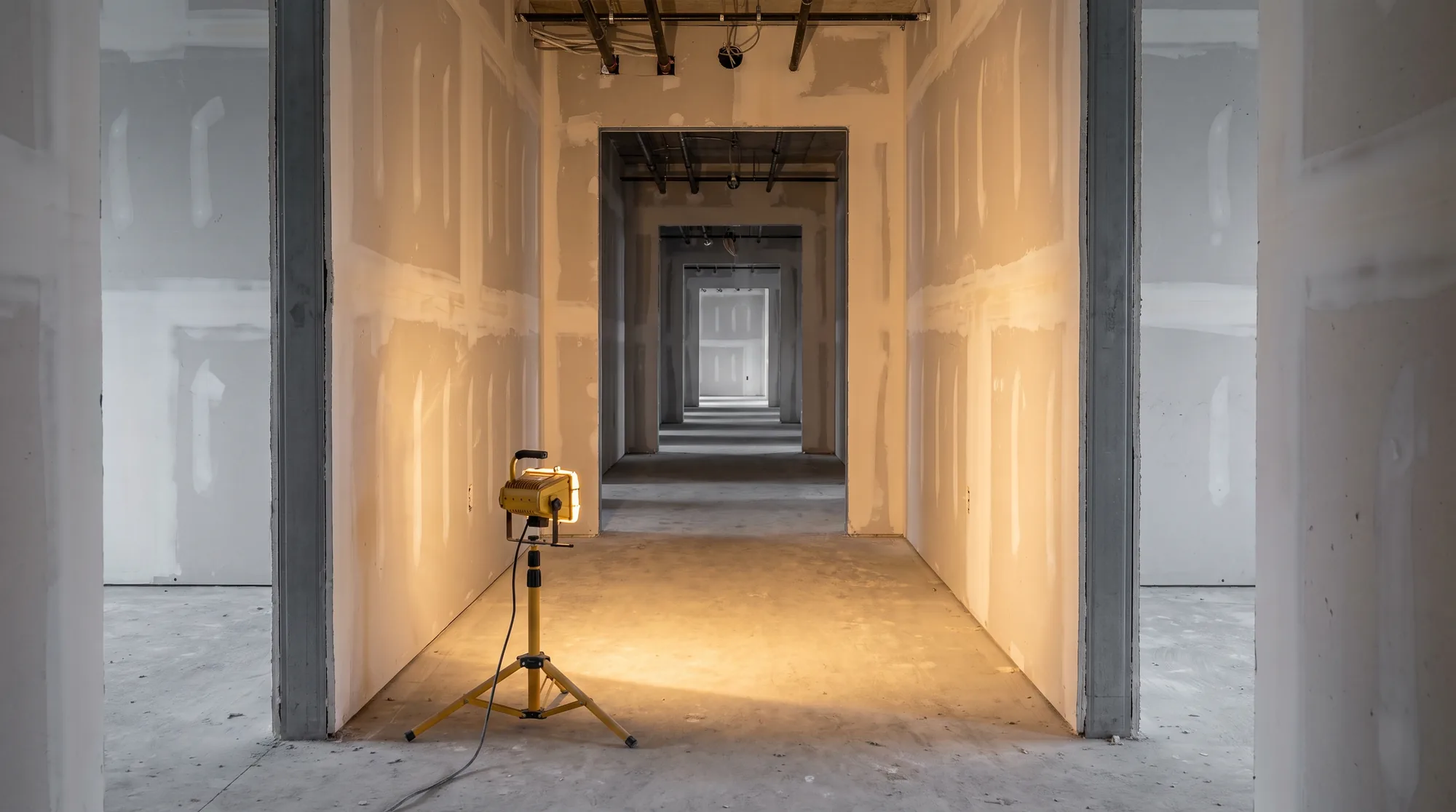 Corridor of a multifamily building under construction, drywall hung and taped both sides